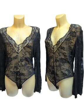 SHEIN Black Long Sleeve Lace Bodysuit Lingerie